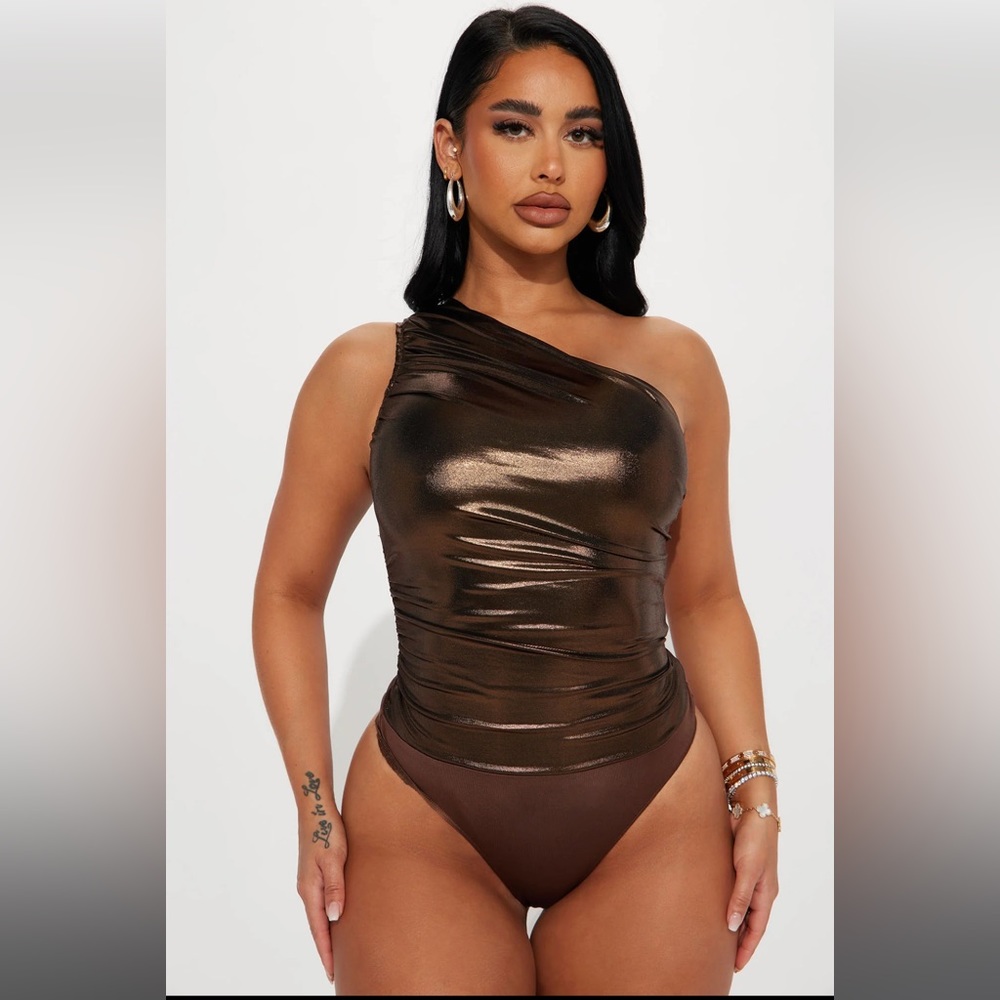 Taking the prize one shoulder bodysuit . Bronze